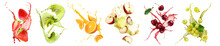 Fresh Fruits With Splashing Juices On White Background, Set