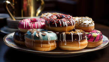 Wall Mural - Stack of colorful donuts on a wooden table, tempting indulgence generated by AI