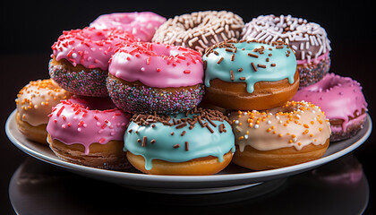 Wall Mural - A colorful, indulgent dessert a pink donut with chocolate icing generated by AI