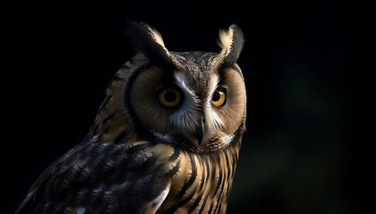 Poster - Great horned owl, perched on tree, staring with piercing yellow eyes generated by AI