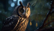 Large bird of prey perching on branch, staring with intense eyes generated by AI