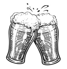 Two toasting beer mugs. Clinking glass tankards full of beer and splashed foam. Cheers sketch illustration