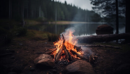 Poster - The glowing campfire in the dark forest brings tranquility and relaxation generated by AI