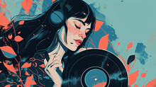 Portrait Of Music Lover Girl With Vinyl Record, AI Generated