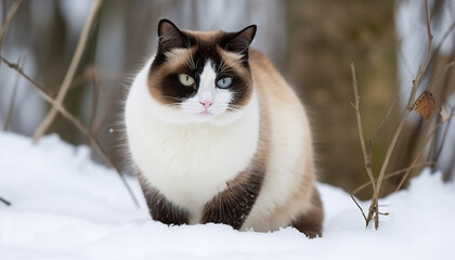 Canvas Print - Cute kitten sitting in snow, looking at camera with curiosity generated by AI