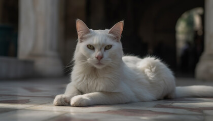 Canvas Print - Cute domestic cat sitting outdoors, staring with curious striped eyes generated by AI