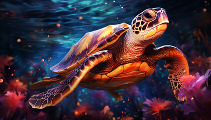 Wall Mural - A cute turtle swimming underwater, looking at colorful fish generated by AI