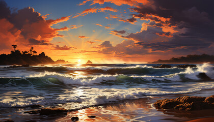 Poster - Dusk sky reflects tranquil sunset over tropical coastline generated by AI