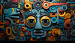 Abstract cartoon characters celebrate indigenous cultures with cheerful smiles generated by AI