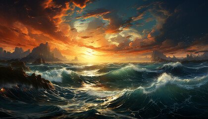 Poster - Sunset over the coastline, waves breaking on rocks generated by AI