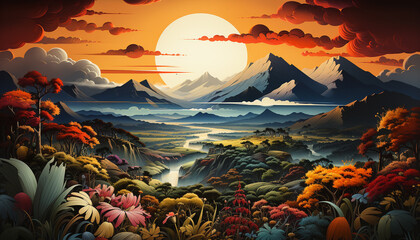 Wall Mural - Sunset over the mountain range, painted image of nature generated by AI