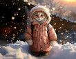 A pretty cat that is wearing a coat in  winter, snow.