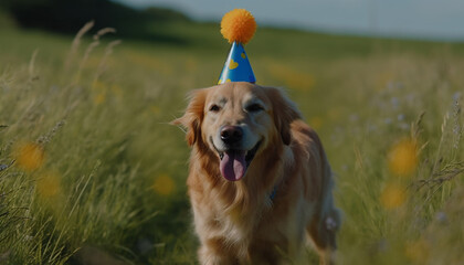 Poster - Cute puppy playing outdoors in the grass, enjoying the summer generated by AI