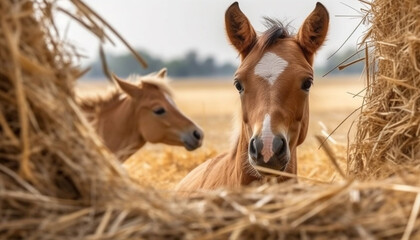 Poster - Cute horse grazing on a meadow, surrounded by yellow hay generated by AI