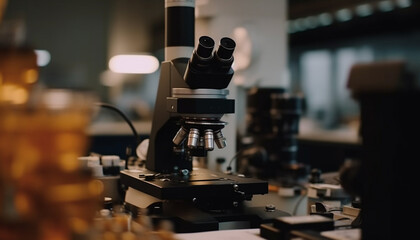 Poster - Scientist analyzing medical samples with microscope in laboratory for research generated by AI