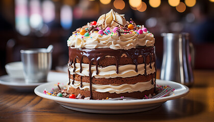 Canvas Print - Homemade chocolate cake with whipped cream and fruit decoration generated by AI