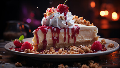 Canvas Print - Homemade gourmet dessert fresh berry slice on wooden table generated by AI