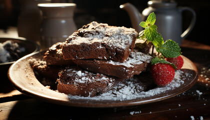 Canvas Print - Homemade brownie slice on rustic wood plate, indulgent chocolate delight generated by AI