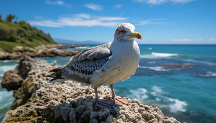 Poster - Seagull perching on rock, watching waves, enjoying freedom in nature generated by AI