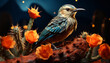 A cute small bird perching on a branch, surrounded by flowers generated by AI