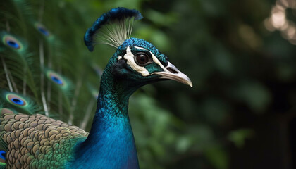 Poster - Majestic peacock displays vibrant colors in nature multi colored portrait generated by AI