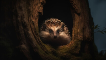 Wall Mural - Cute small hedgehog in the forest, looking at camera alertly generated by AI