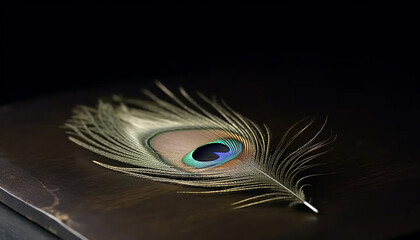 Poster - Vibrant peacock feather showcases elegance and beauty in nature generated by AI