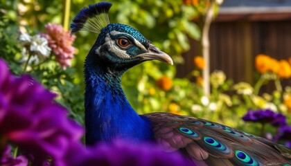 Poster - Majestic peacock displays vibrant colors in nature elegant portrait generated by AI