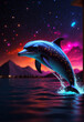 dolphin in the air above the water, on the background of water and night sky and neon glow