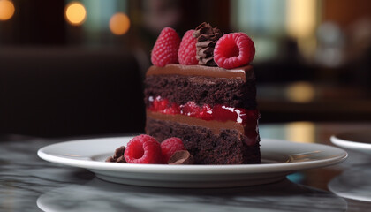 Sticker - A gourmet chocolate cake with raspberry and strawberry decoration generated by AI