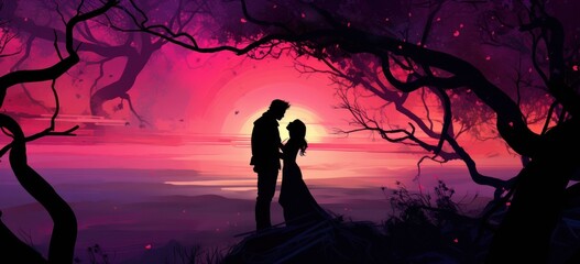 Wall Mural - Silhouetted couple in romantic embrace under twilight sky. Love and affection. Banner.