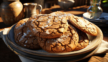 Wall Mural - Homemade chocolate chip cookies, a sweet indulgence on wooden table generated by AI