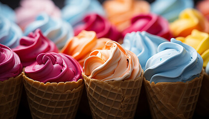 Poster - Multi colored ice cream cones in a row, a sweet summer indulgence generated by AI