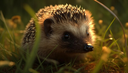 Wall Mural - Cute hedgehog in the grass, looking at camera, outdoors generated by AI