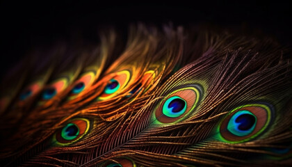 Wall Mural - Vibrant peacock feathers showcase nature elegance and beauty in abstract generated by AI