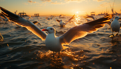 Wall Mural - Seagull flying over water, sunset reflects beauty in nature generated by AI