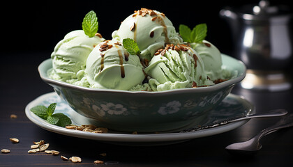 Poster - Homemade ice cream scoop on wooden plate, refreshing summer dessert generated by AI