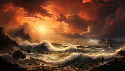 Canvas Print - Sunset over water, waves crash, sky ablaze with orange beauty generated by AI