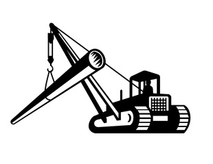 Wall Mural - Mascot illustration of a digger excavator with boom crane laying pipe viewed from side in low angle on isolated background done black and white retro style.
