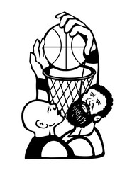 Wall Mural - Retro style illustration of two basketball player dunking and blocking the ball into net on isolated background done in black and white.
