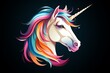 Illustration of a unicorn with a bright, multi-colored mane on a dark background, dynamic and expressive design with fantasy elements, icon sign
