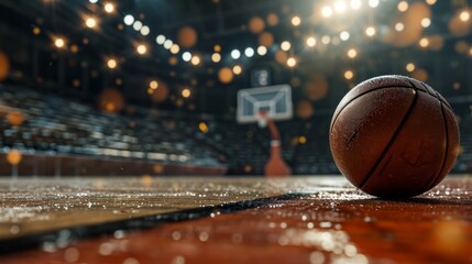 Wall Mural - Close-up of a basketball placed in the center of the stadium. Texture and details of the ball on the background of the court