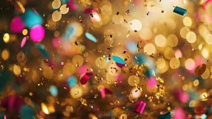 Wall Mural - Bright and colorful confetti on a golden background. Birthday colorful background