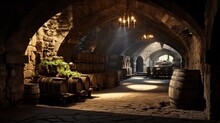 Medieval Stone Wine Cellar with Barrels