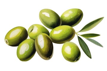 Wall Mural - Illustration of a group of green olives with leaves on a white background as a design element for olive packaging.