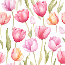 Beautiful Pastel Tulip Flowers, Seamless Floral Background In Watercolor Style