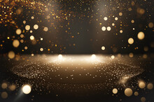 Creative Sparkling Dance Floor Stage, Empty Podium, Dark Golden Background With Lights, Glittering Confetti And Bokeh