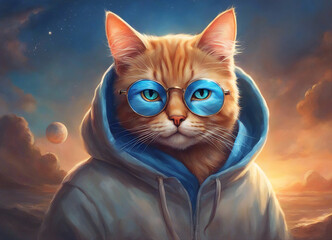 Wall Mural - Cat wearing glasses. Cat in a blue hoodie. Round glasses. Ginger cat close up. Fantastic background. AI generated