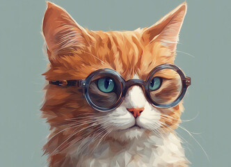 Wall Mural - Cat with glasses. Scientist cat. Round glasses. Close-up. Selective focus. AI generated