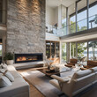 modern design stone faced fireplace with modern design glass faced cabinets on each side Ai generative 